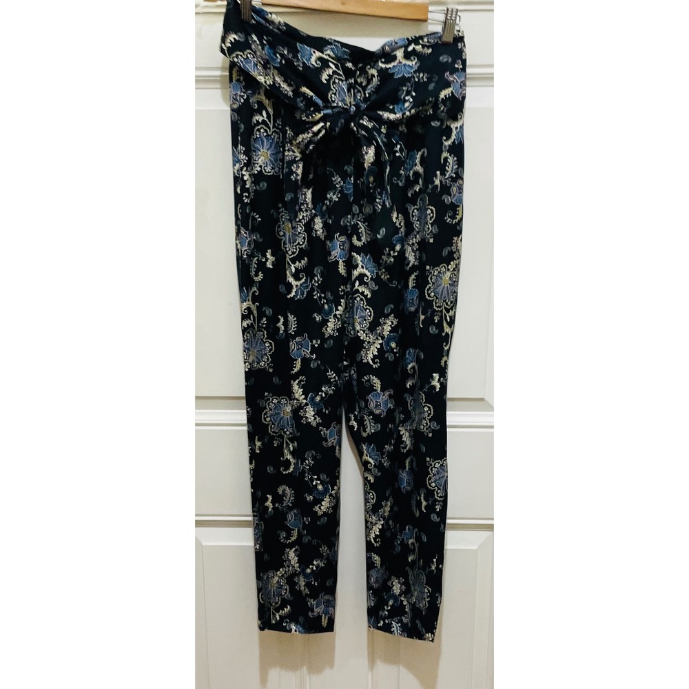 Rebecca Taylor Paisley Print Tie Waist Pants Size 2 Black Blue‎